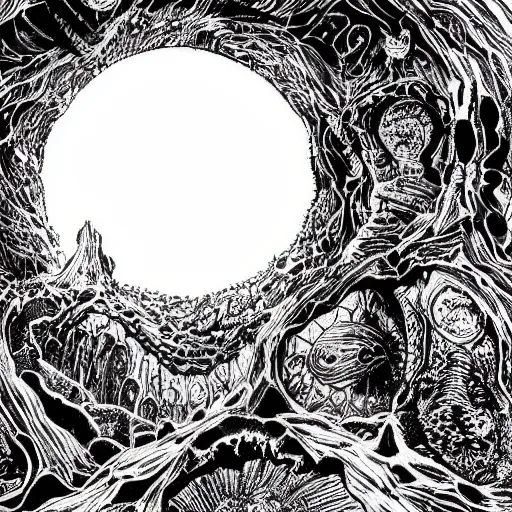 Prompt: highly detailed, intricate beautifully stunning picture of a cosmic aquarium in the middle of a keyhole portal overlooking the desert, stunning atmosphere, huge black glowing sun, black and white ink on paper, manga art, thick outlines , by Eiichiro Oda