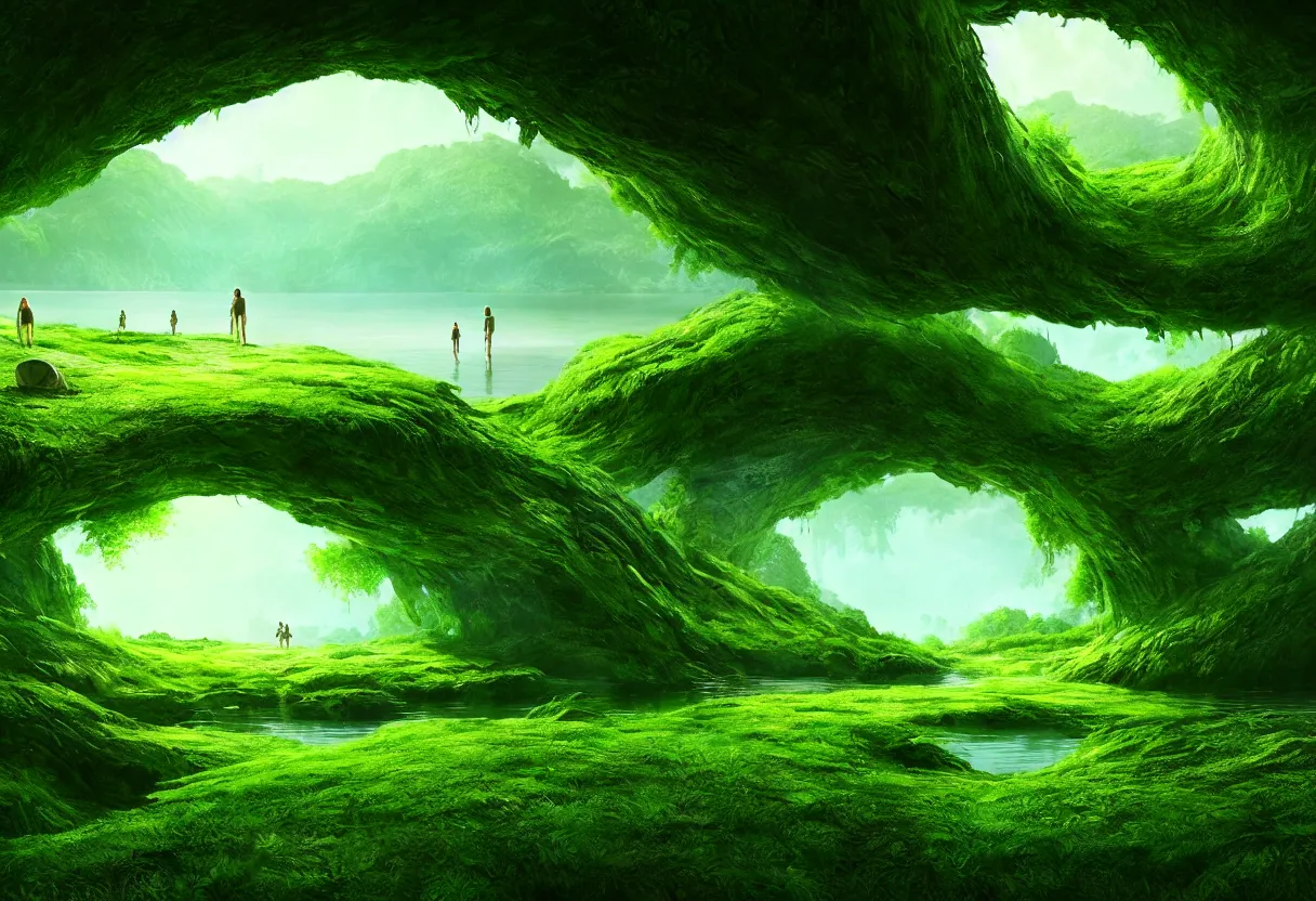 Image similar to inside of alien lake lush summer green landscape of human mind and imagination, matte painting, beautiful render, octane render, concept art