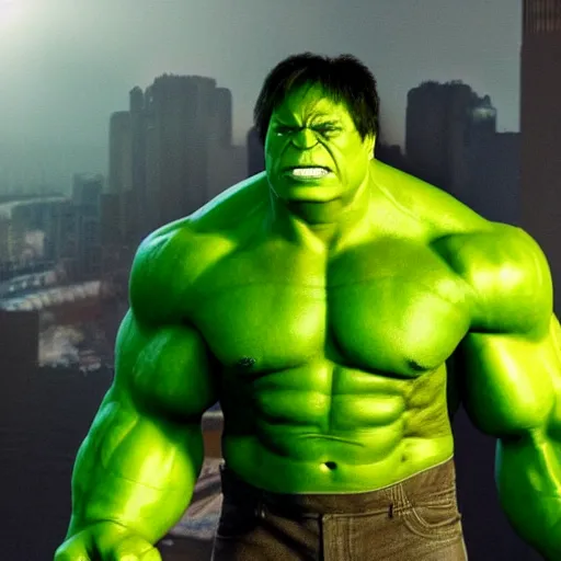 Image similar to Alex Jones cast as the Hulk, still from marvel movie, hyperrealistic, 8k, Octane Render,