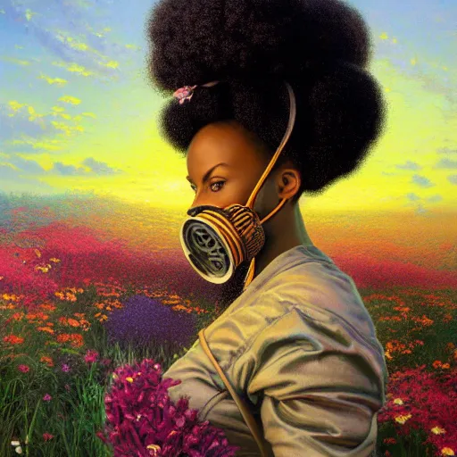 Prompt: a black girl with afro puffs wearing a gas mask in a field of flowers at sunset by android jones and thomas kinkade, oil on canvas, pastel