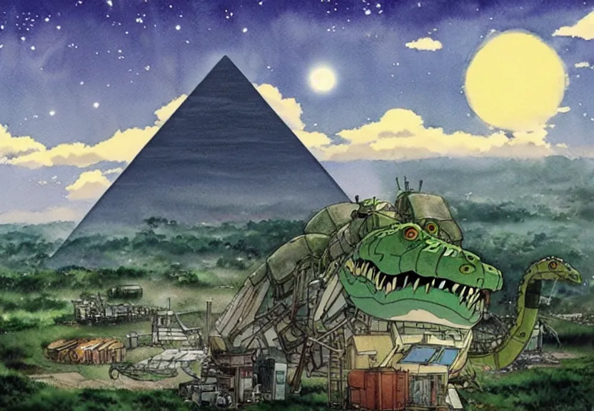 Image similar to a hyperrealist watercolor concept art from a studio ghibli film showing a giant mechanized crocodile from howl's moving castle ( 2 0 0 4 ). a pyramid is under construction in the background, in the rainforest on a misty and starry night. a ufo is in the sky. by studio ghibli