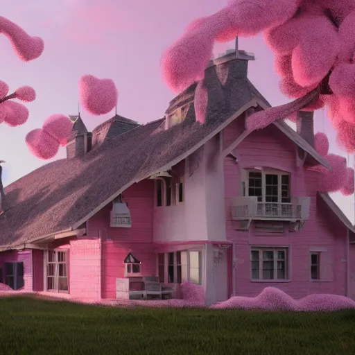 Prompt: extremly detailed house made of pink fluffy fur, photorealistic, high details, 8 k, sharp focus, octane render, volumetric light