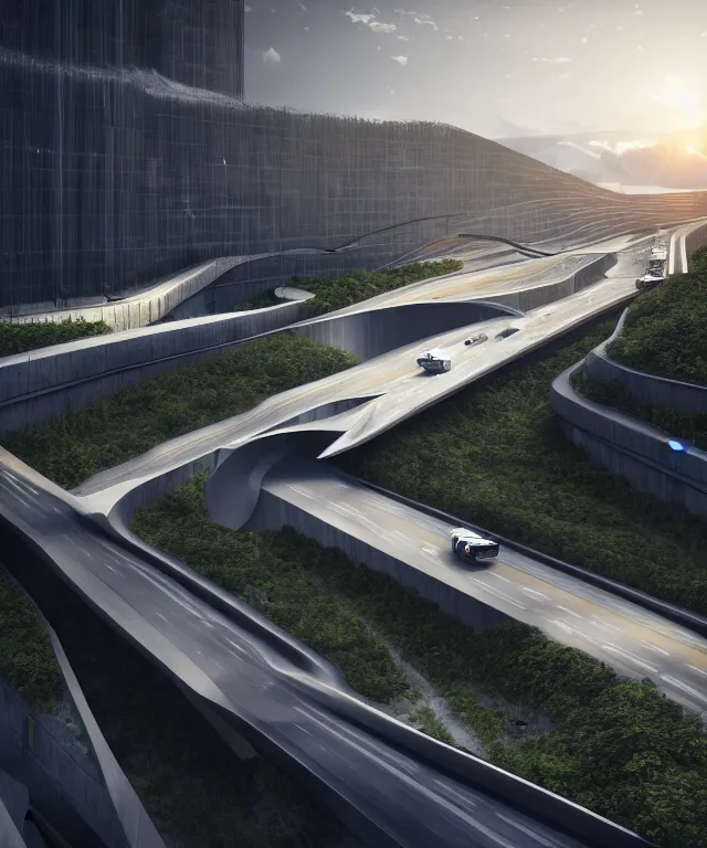 Image similar to denis villeneuve establishing shot of modern bjarke ingels condo building and gotthard tunnel entrance combined, roads tunnel under bjarke ingels condo building, lush environment, sunset raked lighting, scifi artstation digital concept art, unreal engine, hyper realism, realistic shading, cinematic composition, octane render, wide shot