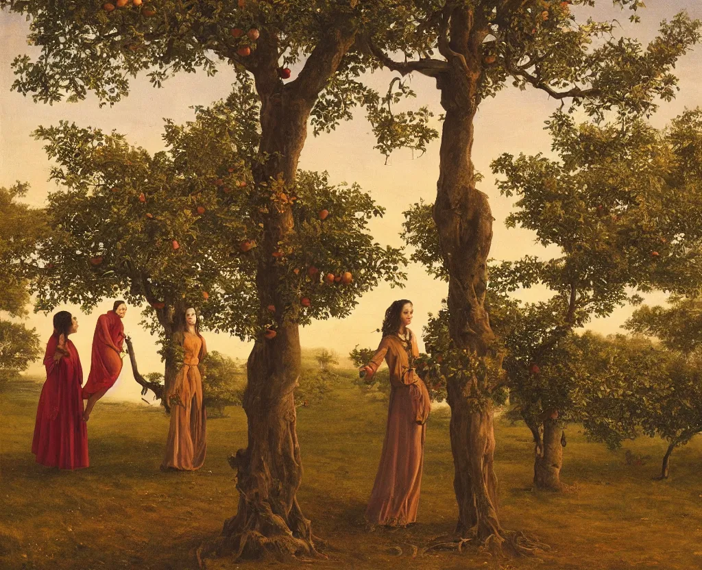 Prompt: Single apple tree in the center. Two women wearing futuristic clothing stand on both sides of a lonely apple tree, facing the camera, one holds apple in hand, classical painting, realism, golden hour