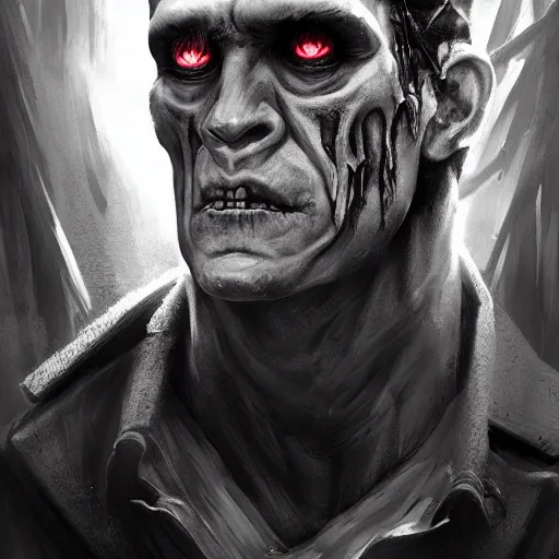 Image similar to black and white, portrait of frankenstein, scarred, in a suit, fantasy art, art by greg rutkowski, matte painting, trending on artstation