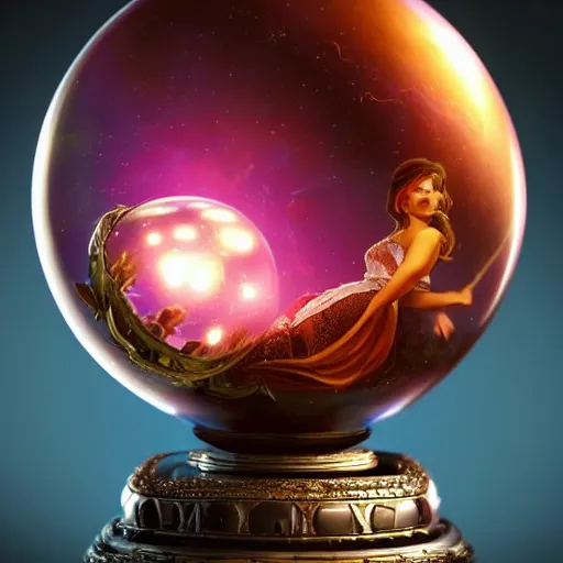 Image similar to crystal ball on a stand with a beautiful dreamscape inside, studio product photography, super highly detailed, professional digital painting, artstation, concept art, smooth, sharp focus, extreme illustration, unreal engine 5, photorealism, beautiful, cinematic, art by artgerm and rutkowski and alphonse mucha and loish and wlop