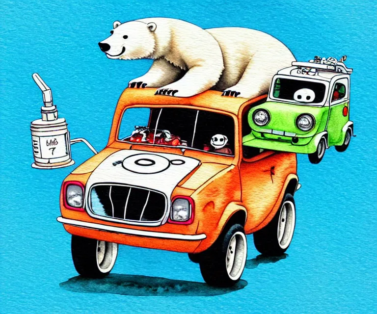Image similar to cute and funny, polar bear driving a tiny black hot rod with an oversized engine, ratfink style by ed roth, centered award winning watercolor pen illustration, isometric illustration by chihiro iwasaki, edited by craola, tiny details by artgerm and watercolor girl, symmetrically isometrically centered