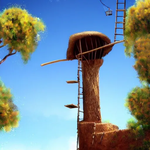 Prompt: Andalusian tree house in the desert, ladder, Pixar, sparkly