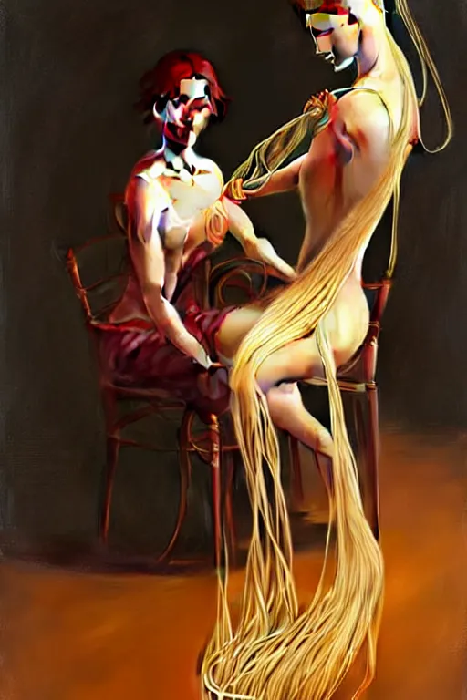 Image similar to a beautiful woman tied to a chair using spaghetti, a woman wrapped in spaghetti, painting by Charlie Bowater and Gerald Brom