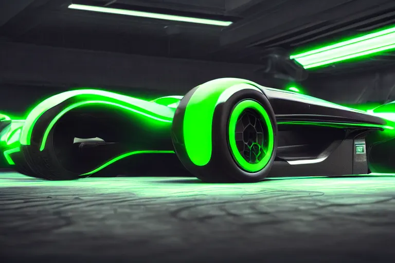 Image similar to a futuristic black and green Trackmania racing car with ZeratoR written on the side of the body, matte-black, green neon, ray-tracing, octane render, unreal engine, green cyberpunk city background