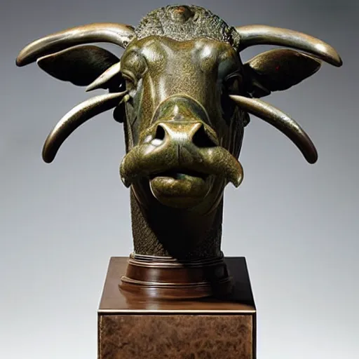 Image similar to professional color photograph of a patinated bronze bust of an angry water buffalo, Troigne view supported by a bronze plinth, by FREDERIC REMINGTON