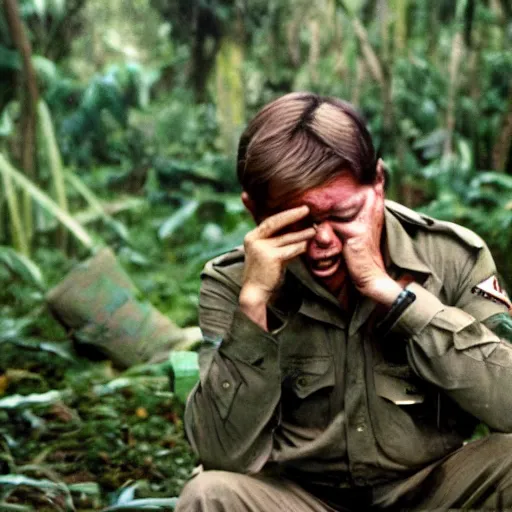 Image similar to trump crying in a jungle, vietnam war