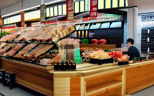 Image similar to A small wooden stand selling sushi stands in a large supermarket that sells groceries, cinematic lighting, commercial photography