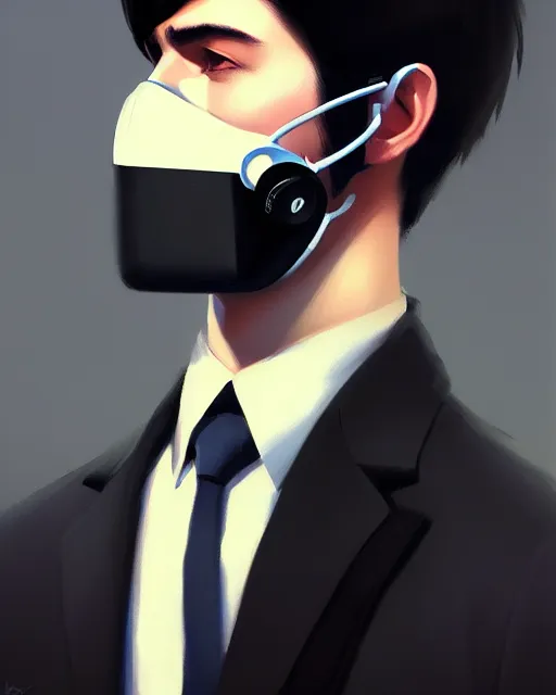 Prompt: a ultradetailed beautiful panting of a stylish man wearing a shirt with a tie and black medical mask, by ilya kuvshinov, greg rutkowski and makoto shinkai, trending on artstation