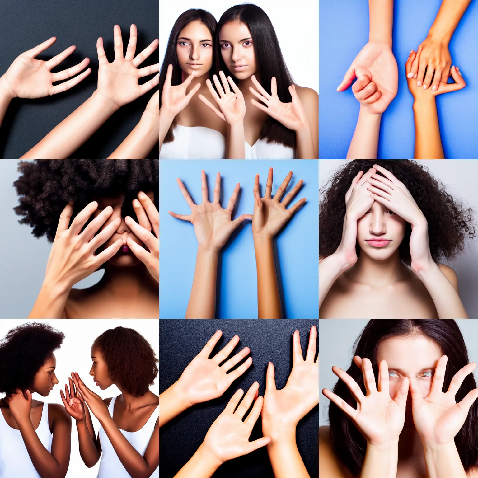 Prompt: both left and right female hands wrists, hand gestures, natural skin tones high-key lighting white background