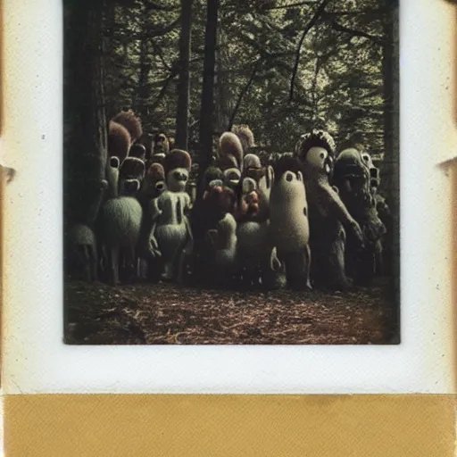 Image similar to a polaroid image of monsters gathering in the forest, grainy