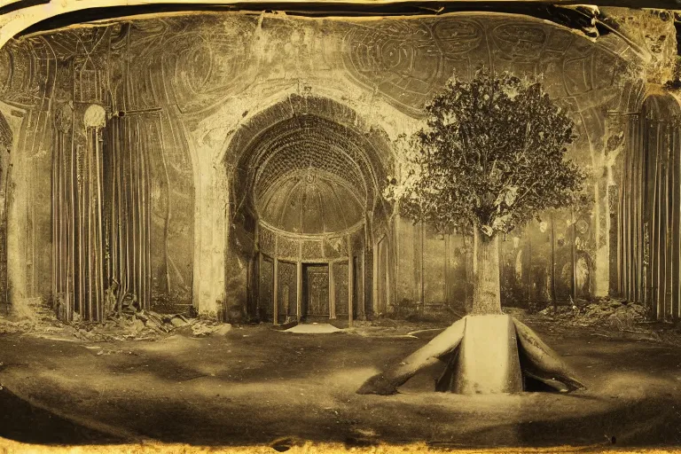 Prompt: daguerreotype depicting a temple of chaos mosque of perfection pantheon of frenzy house of iorr temple of aus the mirror garden the origin realm the true tree