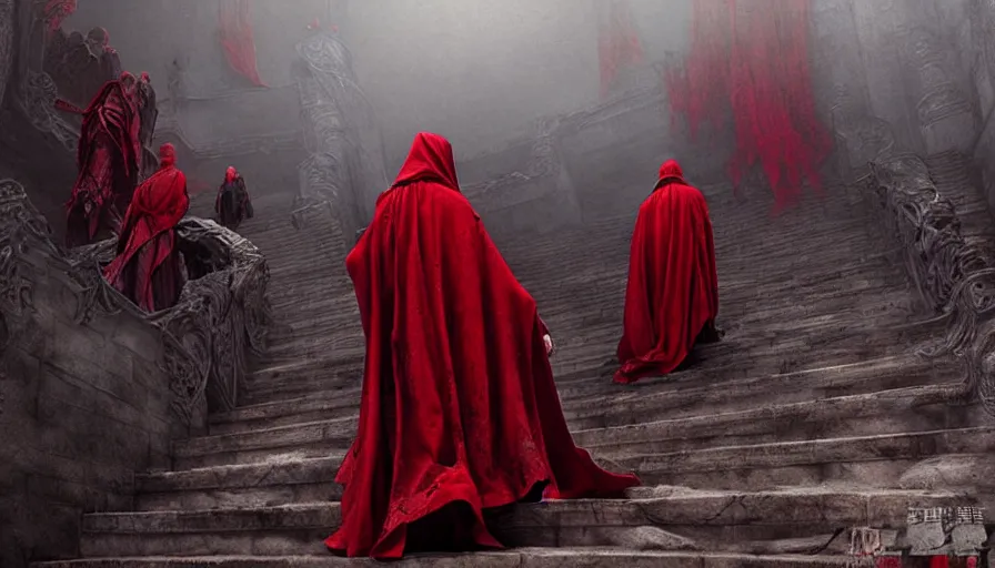 Image similar to figures in red cloaks ascend huge creepy fantasy stairs, cinematic, movie still, art by ruan jia and albert voidstar