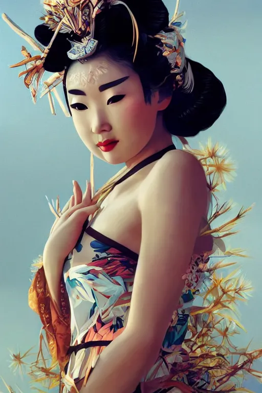 Image similar to stunningly beautiful, inuit geisha prima ballerina in jungle, symmetrical face, golden hour, smooth, focus, highly detailed, hyper realistic, dramatic lighting, elegant, intricate, concept art, art by wlop, mars ravelo, greg rutowski, artstation