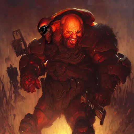 Image similar to Danny DeVito Doom Slayer, knee deep in the dead, by gaston bussiere, craig mullins, Simon Bisley