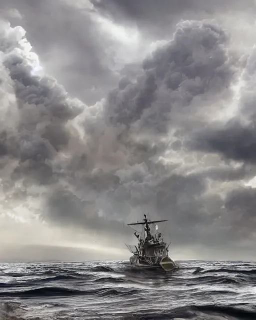 Prompt: establishing shot of a fishing boat on stormy seas, a gigantic star destroyer spaceship in the storm clouds flying overhead, star destroyer spaceship is emerging from storm clouds, stormy weather, dramatic lighting, unreal engine, hyper realism, realistic shading, cinematic composition, realistic render, octane render, detailed textures, photorealistic, ultrawide shot, 1 6 mm lens