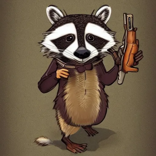 Prompt: a raccoon dressing up as a squirrel holding a gun, concept art, very detailed