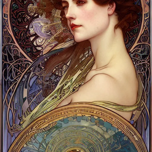 Prompt: realistic detailed face portrait of Ocean Goddess Eva Green by Alphonse Mucha, Ayami Kojima, Amano, Charlie Bowater, Karol Bak, Greg Hildebrandt, Jean Delville, and Mark Brooks, Art Nouveau, Neo-Gothic, shining sea, rich deep moody colors