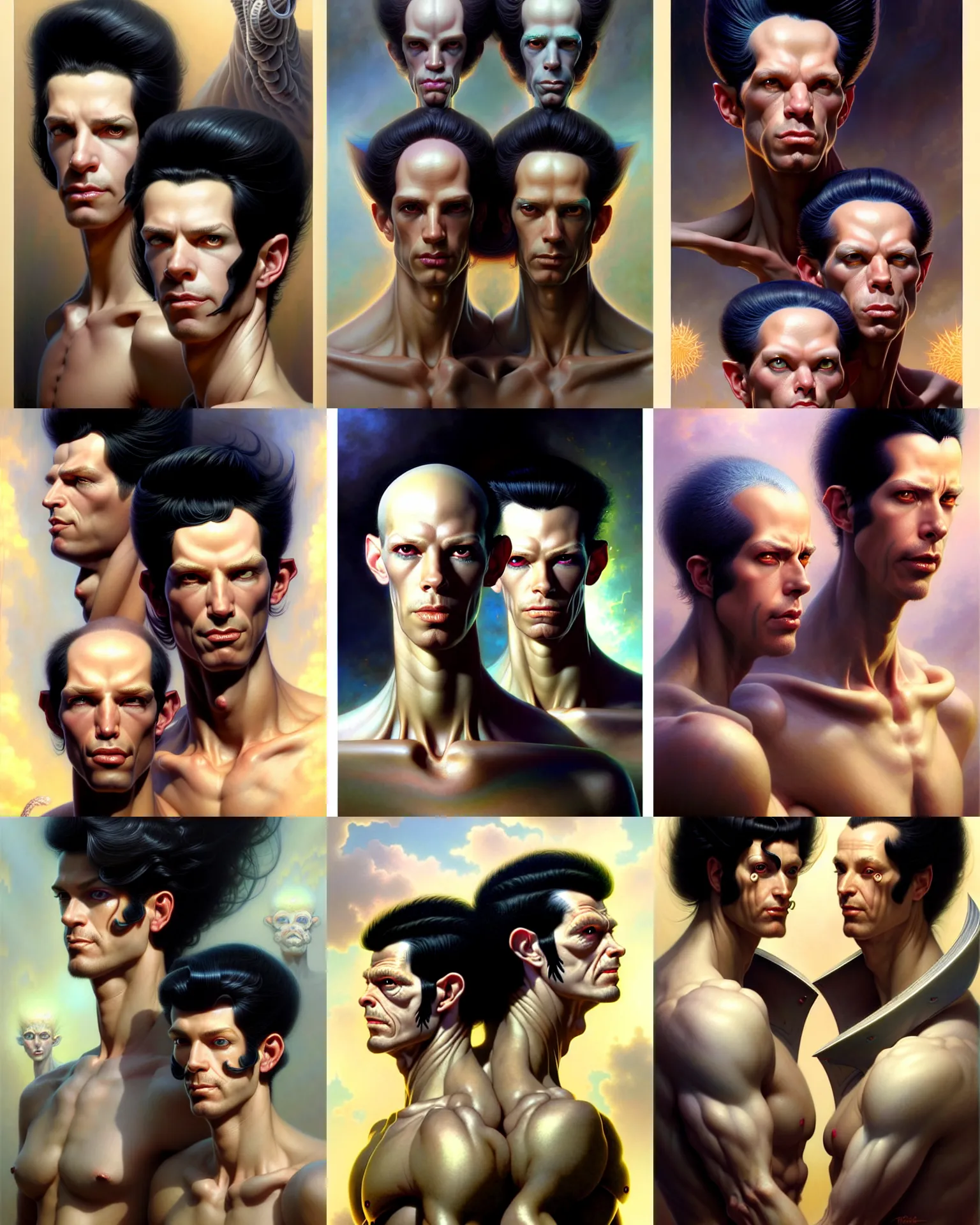 Prompt: beautiful male twins portrait, black hair, three day growth, ultra realistic, intricate details, the fifth element artifacts, highly detailed by peter mohrbacher, allen williams, hajime sorayama, wayne barlowe, boris vallejo, aaron horkey, gaston bussiere, craig mullins