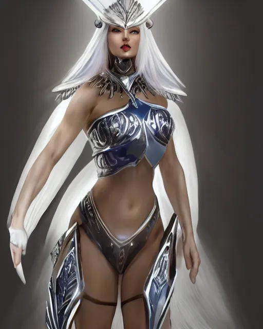 Image similar to perfect white haired egyptian goddess wearing white dove wings, warframe armor, regal, attractive, ornate, sultry, beautiful, charlize theron, half asian, pretty face, blue eyes, illuminated, scifi platform, 4 k, ultra realistic, epic lighting, cinematic, masterpiece, art by akihito tsukushi, voidstar, trending on artstation