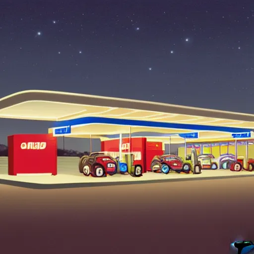 Prompt: a matte painting of a gas station at night by emiliano ponzi, james gilleard