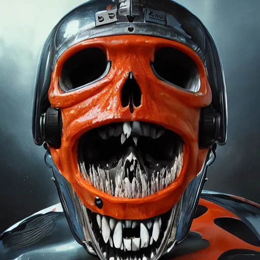 Image similar to a portrait of a skull with vampire teeth, in an orange racing helmet by sandra chevrier, detailed render, epic composition, cybernetics, 4 k realistic, cryengine, realistic shaded lighting, sharp focus, masterpiece, by matteo scalera, gary montalbano, peter elson in the style of the tokyo ghost comic