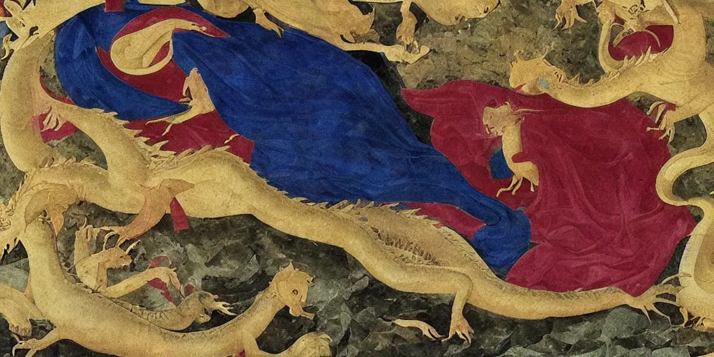 Prompt: the dragon sleeps on a pile of its gemstone eggs, by artist fra angelico