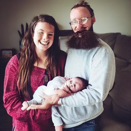Image similar to a photo of a white man level 1 clipper beard that is happy with his 3 month year old baby boy and his wife with dark hair.