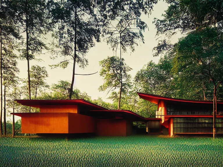 Image similar to hyperrealism design by frank lloyd wright and kenzo tange photography of beautiful detailed small house around the forest in small ukrainian village depicted by taras shevchenko and wes anderson and caravaggio, wheat field behind the house, volumetric natural light