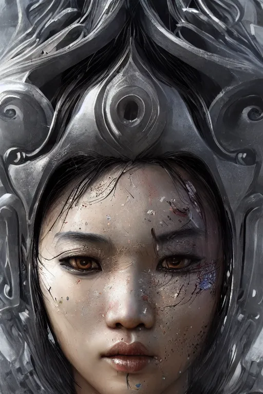 Image similar to Art station concept of Asian woman, fair skin, big eyes, long black hair, no bangs, wearing sculpted textured armor, closes her eye, battle damage, intricate complexity, close-up of the front of the face, resolute expression, back lighting, 4K resolution, symmetric, clear facial features, by Ruan Jia and Mandy Jurgens and William-Adolphe Bouguereau, Karol Bak, smooth, sharp focus, rich deep colors, Unreal Engine 5, digital render, intricate, ultra realistic, concept art,