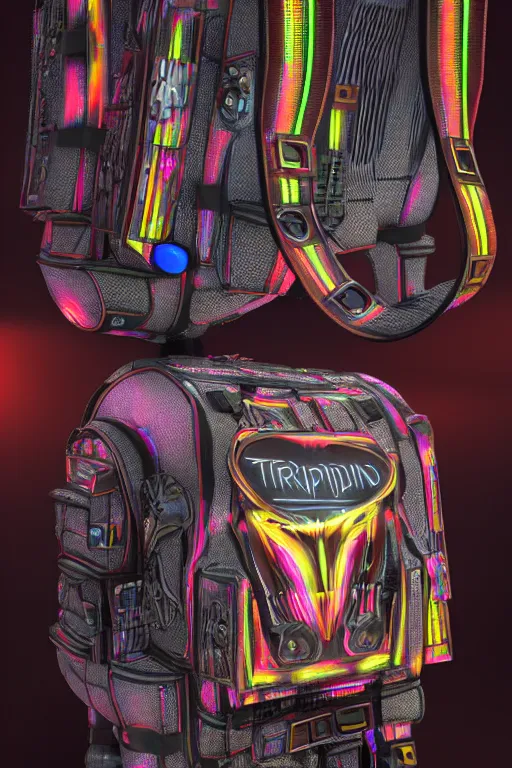 Prompt: photo of a stylish back pack, band merchandise, bandname is tripmachine, tourname is invasion of the tripmachines, realistic digital art, printed with a 3 d render of a huge futuristic steampunk generator, 8 k, fluorescent colors, halluzinogenic, multicolored, exaggerated detailed, unreal engine