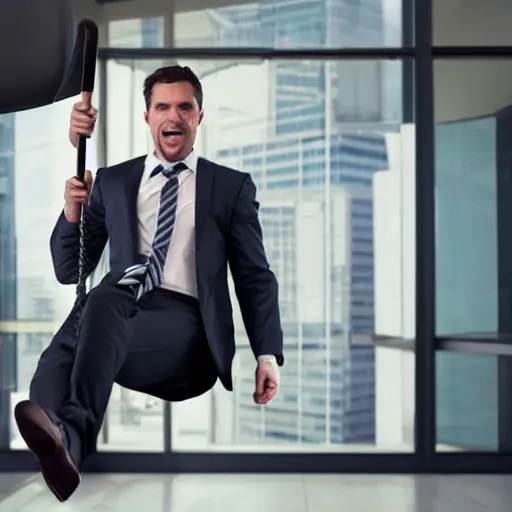 Prompt: a man in a business casual outfit swinging down on an office printer with a baseball bat, movie still, outside, sunny day, grassy