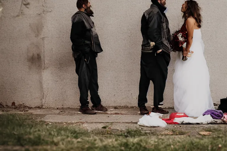 Prompt: wedding photography, two homeless people are getting married, homeless guests, professional photo