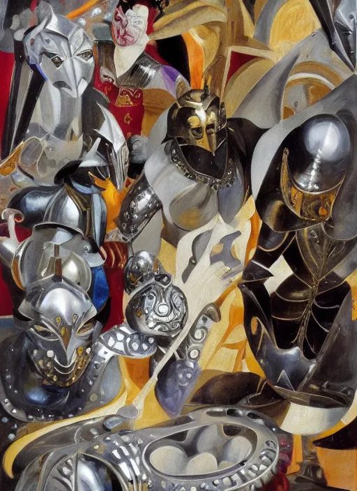 Prompt: a beautiful oil painting of medieval armors silver shining floor, bodies , oriental, dark, jewels, by Saul Bass, by Georgia o Keeffe, by Yoshitaka Amano, by Frank Frazetta