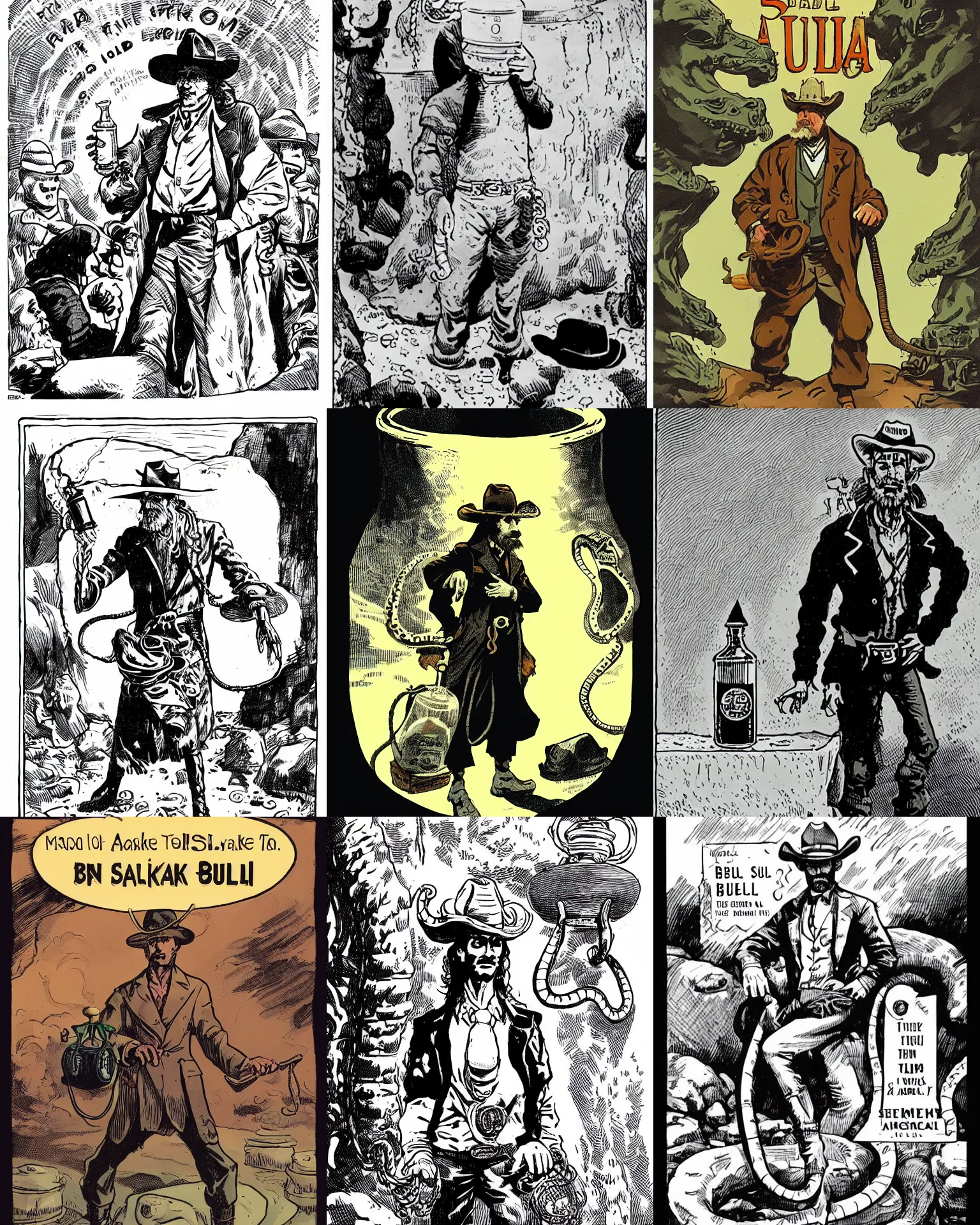 Prompt: a snake oil salesman cowboy druid standing in a bottle at the beginning of the bull run by mike mignola