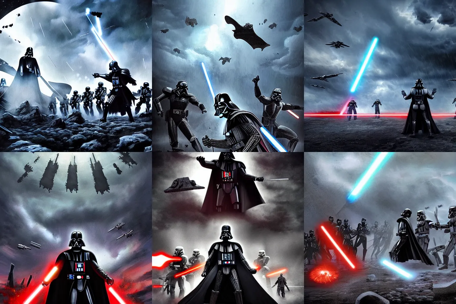 Prompt: beautiful artwork of Darth Vader fighting Thor on a post-apocalyptic planet, surrounded by Storm Troopers and the Avengers, HD, eerie