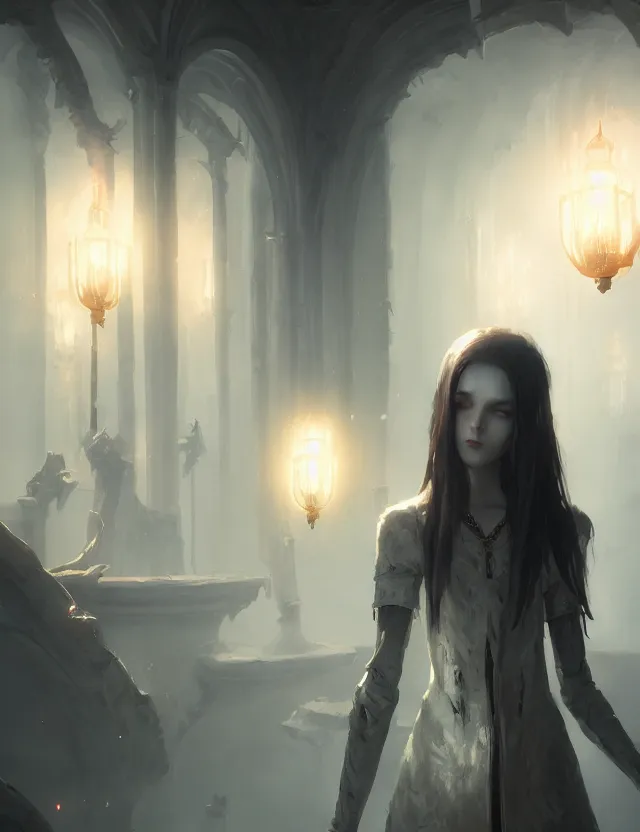 Image similar to gentle vampire, slender girl, silver skin, wonderful eyes, 8 k uhd, unreal engine, octane rendering in the artistic style of finnian mcmanus, john park and greg rutkowski, radiant light, detailed and complex environment, art station trends