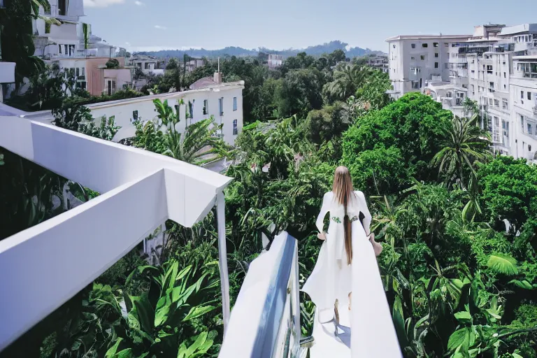 Prompt: a cinematic wideangle photograph of a singular woman wearing white clothing stood on a balcony looking out to the horizon, people walk through the frame in foreground, green plants, blue sky, beautiful lighting, ultra realistic, movie still, utopia, ultra realistic