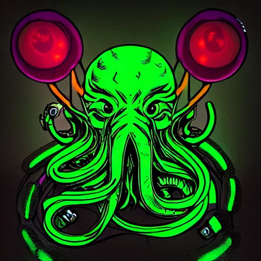 Prompt: cthulhu with headphones playing synthesizers, lights, lasers, music, highly detailed, realistic, technology and magic,