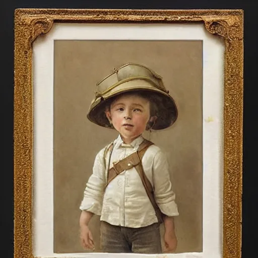 Image similar to (((((portrait of boy dressed as steampunk explorer . wearing a Pith helmet and dress in white. muted colors.))))) by Jean-Baptiste Monge !!!!!!!!!!!!!!!!!!!!!!!!!!!