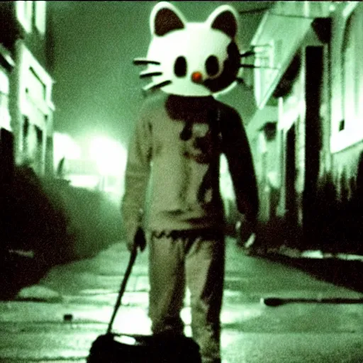 Image similar to film still of a bloodied psycho killer with a hello kitty mask walking on an empty street beneath a lamp, grainy, horror movie, creepy, eerie, dark, great cinematography, amazing lighting, directed by scott derrickson