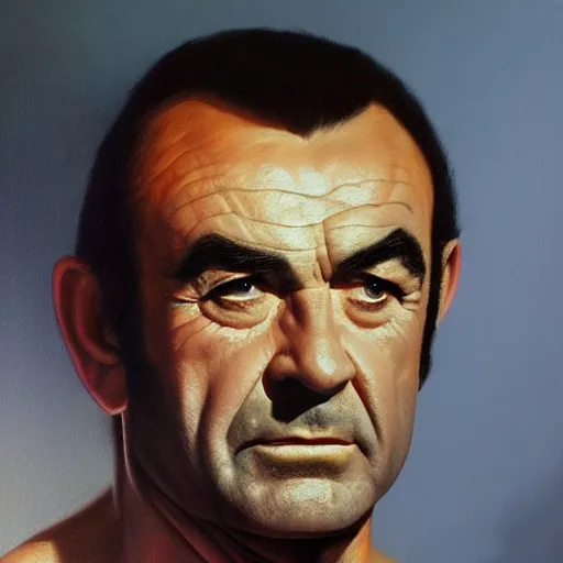 Image similar to ultra realistic portrait painting of sean connery, frank frazetta, 4 k, ultra realistic, highly detailed, epic lighting