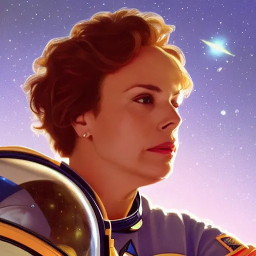 Prompt: a close-up of Melora Hardin as an astronaut in space, dramatic backlighting, golden hour, kodachrome, color contrast, high contrast, highly detailed, sharp focus, digital painting, concept art, illustration, trending on artstation, art by greg rutkowski + greg hildebrandt + alphonse mucha