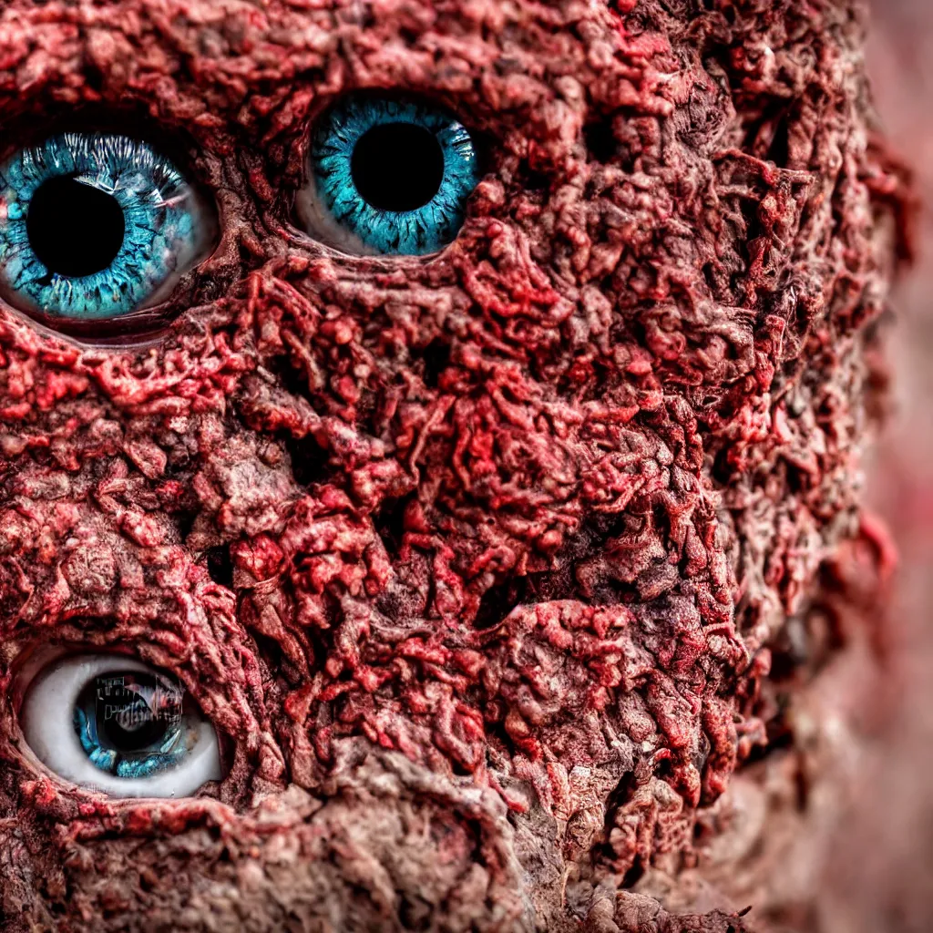 Prompt: a close up view of a red zombie eye, worms coming out, rotten aspect, realistic dlsr photo, 4K