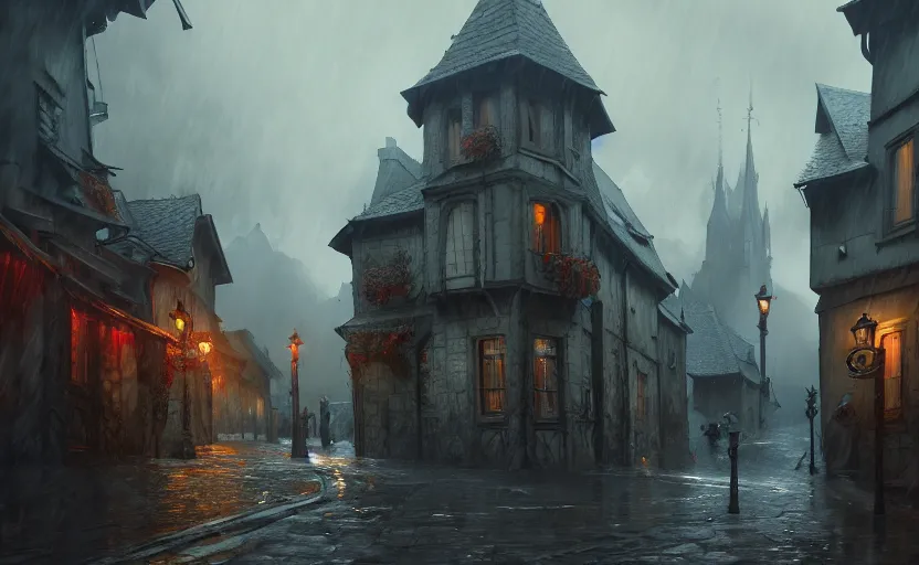 Prompt: extreme long shot concept art depicted rainy old french village, high details, dramatic mood, deep environment, art by legends of runeterra and tomasz jedruszek and gabor szikszai, trending on artstation, unreal engine, 8 k, 4 k